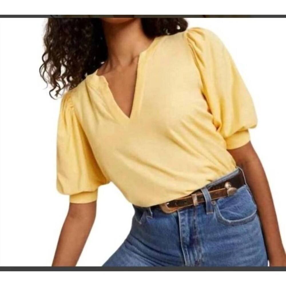 Nation LTD Lou Peasant Puff Sleeve Top Small Butter Yellow VNeck Cotton Feminine